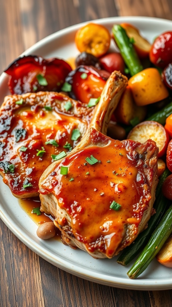 Savory Air Fryer Pork Marinade Recipe Juicy air fryer pork chops with a savory marinade, garnished with herbs, served with roasted vegetables.